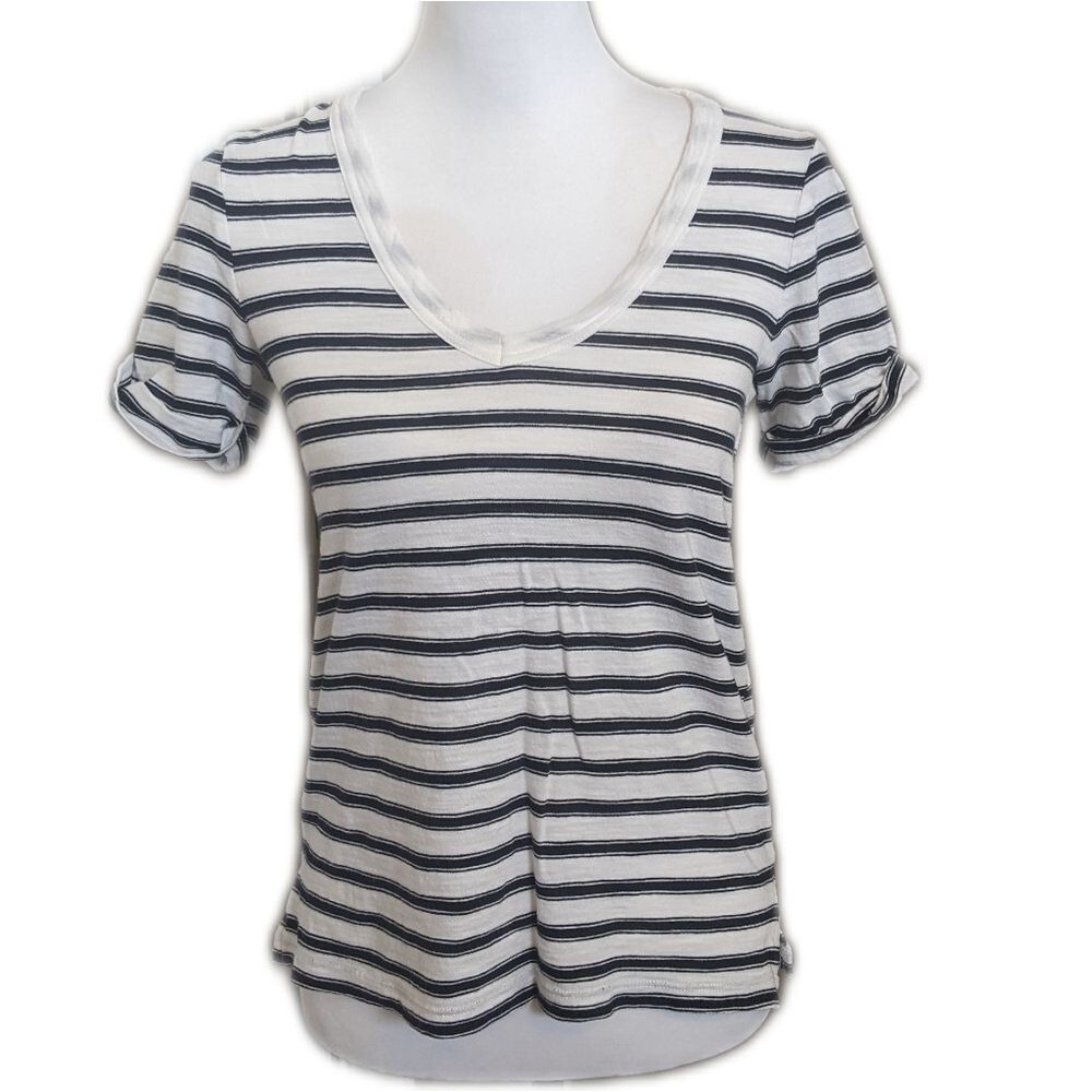 Banana Republic Malibu Tee v-neck t-shirt, white & black stripe, cotton/modal XS